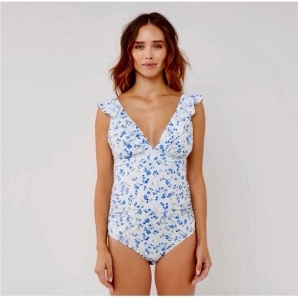 A Pea in the Pod Maternity Ruffle Floral One Piece Swimsuit Blue M Cottagecore